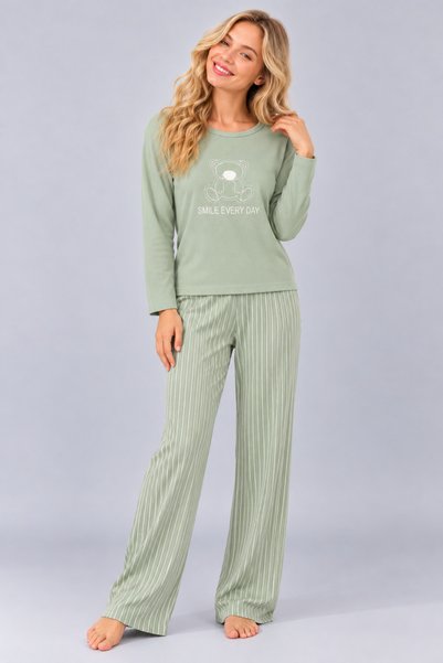 Pijamask Kadın Waffle Kumaş Baskılı Desenli Bisiklet Yaka Uzun Kollu Rahat Kesim Pijama Takımı