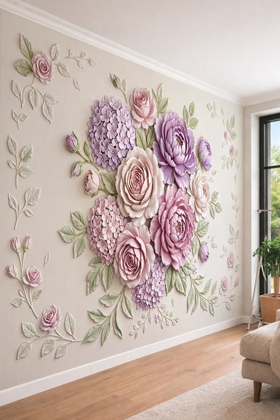dreamwall Hacimli Çiçek Buketi Kabartma Görünüm Desenli Tek Parça Tekstil Duv...
