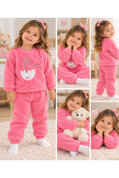 SERPİL Kız Çocuk Dinozor Figürlü Peluş Alt Üst Takım Pijama Takımı