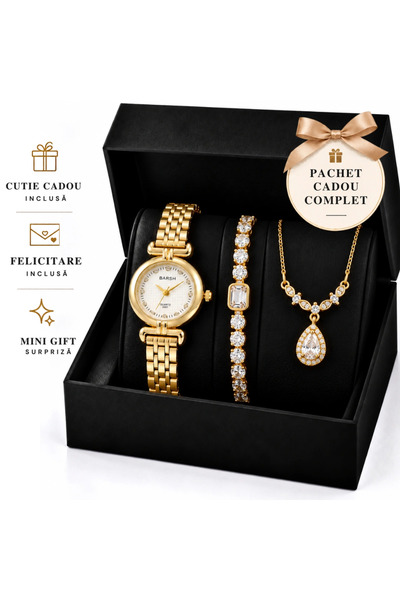 FASHION Women's Gift Set Barsh Gold Watch with Bracelet and Chain in Gift Box...