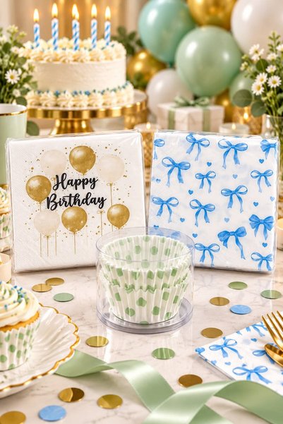 CkmHome 3-Piece Birthday Party Set – 40 Happy Birthday and Blue Bow Napkins +...