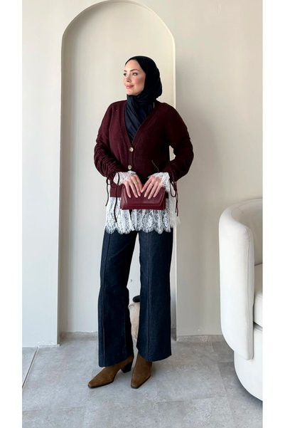 RFK Butik Women's Lace Detailed V-Neck Hijab Knitwear Cardigan - Burgundy