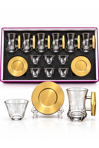 Urbanza 18 Piece Glass Tea Coffee Set with Gold Handles, Saucers and Elegant ...