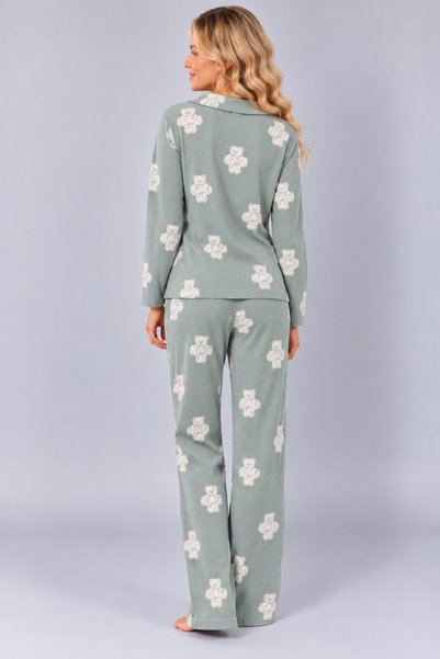 Pijamask Kadın Waffle Dokulu Düğmeli Gömlek Yaka Uzun Kollu Desenli Rahat Kesim Pijama Takımı