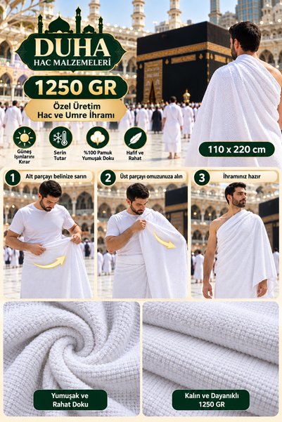 DUHA HAC 100%100 PAMUK YUMUŞAK İHRAM UMRE İÇİN 1250 GR 110X220 CM