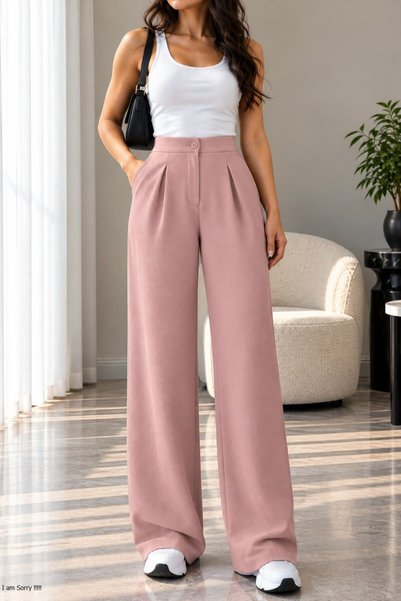 MODA İLEMA بنطلون نسائي عالي الخصر ذو طيات واحدة من قماش مزخرف مع جيوب وخيار ...