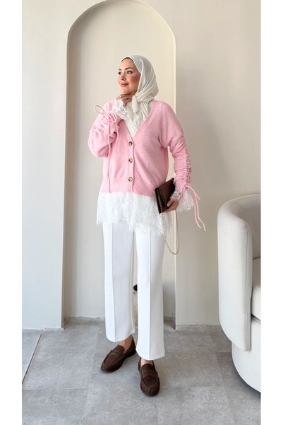 RFK Butik Women's Lace Detailed V-Neck Hijab Knitwear Cardigan - Pink