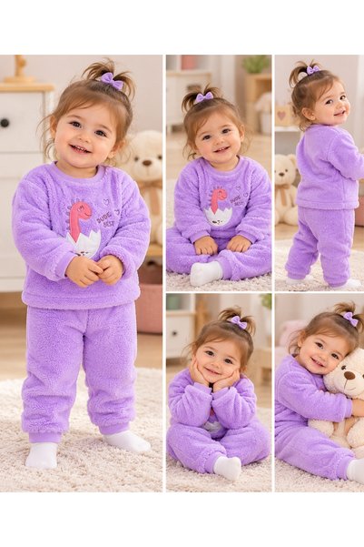 SERPİL Kız Çocuk Dinozor Figürlü Peluş Alt Üst Takım Pijama Takımı