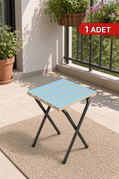 Bino 1 Adet Ahşap Oturaklı Katlanabilir Tabure Metal Ayaklı Portatif Mutfak Balkon Taburesi Mavi