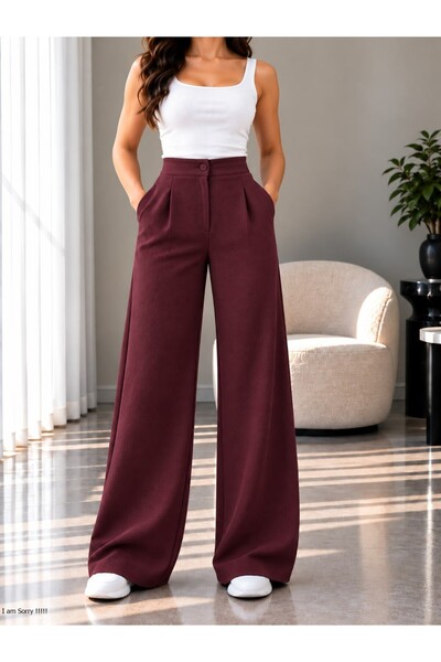 MODA İLEMA Kadın Yüksek Bel Tek Pileli Palazzo Pantolon Cepli Dokulu Kumaş Bü...