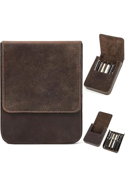 X SPRING Leather Case Organizer, Brown Genuine Leather 6-Pen Holder with Magn...