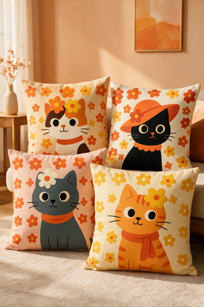 LadiesHome Retro Floral Cute Cat Pattern Set of 4 Decorative Throw Pillow Cov...