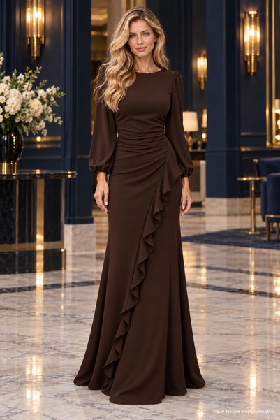 Missrelda Moda Long Janjan Crepe Evening Dress with Front Ruffle Detail in Brown