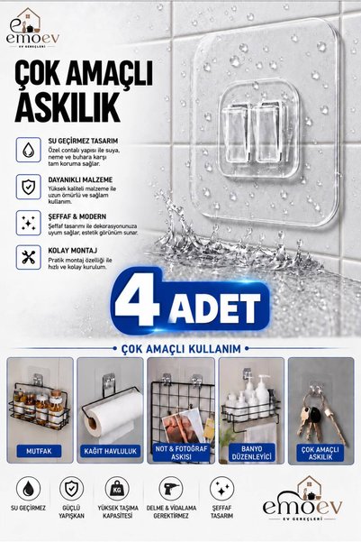 Emoev 4 Adet Çok Amaçlı Şeffaf Yapışkanlı Askılık Seti Delme ve Vidalama Gere...