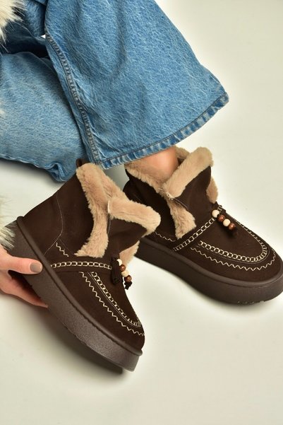 Fox Shoes Z357183561 Kahverengi Hakiki Deri Süet Kürklü Kadın Bot