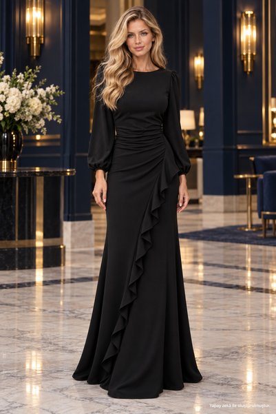 Missrelda Moda Ön Fırfır Detaylı Uzun Janjan Krep Abiye Siyah