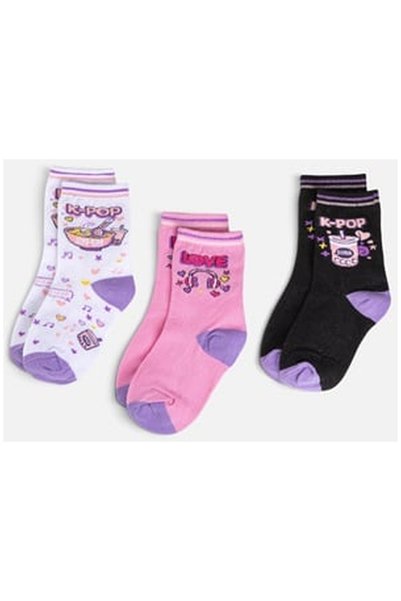 OEM K-POP White Pink and Black Socks for Girls - 3 Pairs