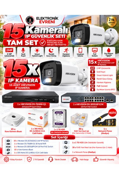 Hikvision 16 Kameralı 2 MP IP PoE Güvenlik Kamera Seti | Sesli Kayıt, Smart Hybrid Light, Renkli Gece Görüş, 16 Kanal NVR, 1 TB HDD, 305 Metre Cat6, Tam Set