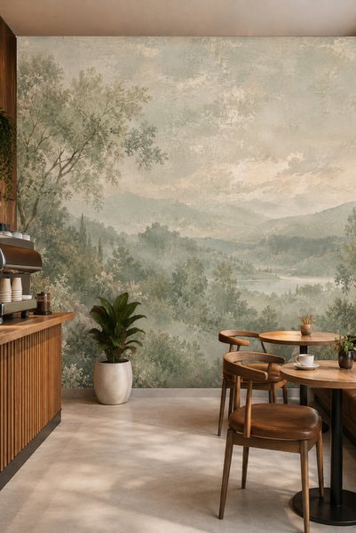 dreamwall Eskitme Yeşil ve Toprak Tonlarında Sisli Dağ Manzarası ve Orman Mot...
