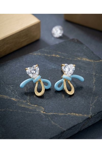 HOŞGÖR ACCESSORIES Blue Bow Heart Detailed Screw Earrings
