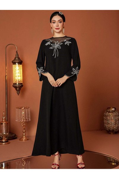 BEAUTY AMINAH Black Floral-Beaded Tulle Evening Gown