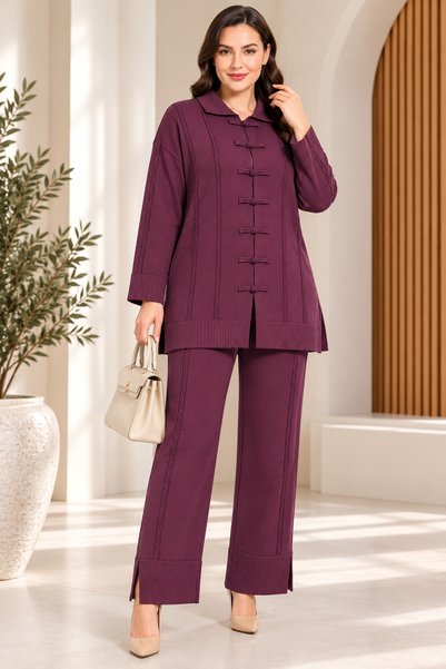 bezeXL Plus Size Knitted Printed Mercerized Suit Plum