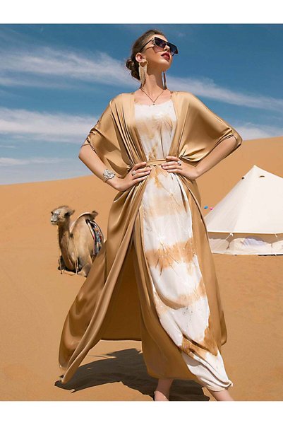 BEAUTY AMINAH Gold and White Two-Piece Abaya Set