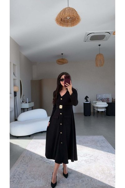 Buket Teke فستان مودال بريميوم مع إكسسوارات ذهبية سوداء