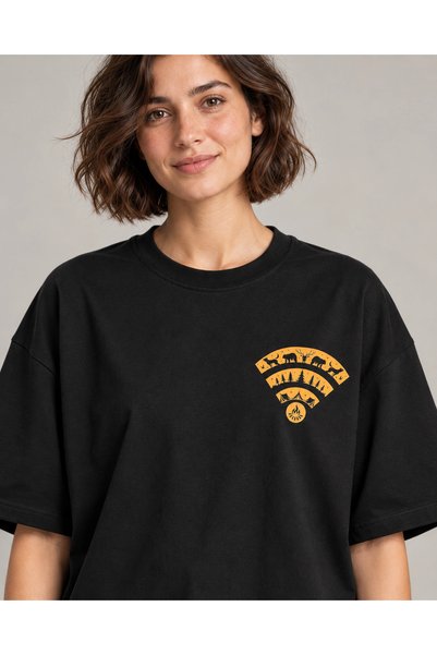 CANMODA Siyah Doğaya Bağlan Kamp Simgeli Oversize Unisex Tişört