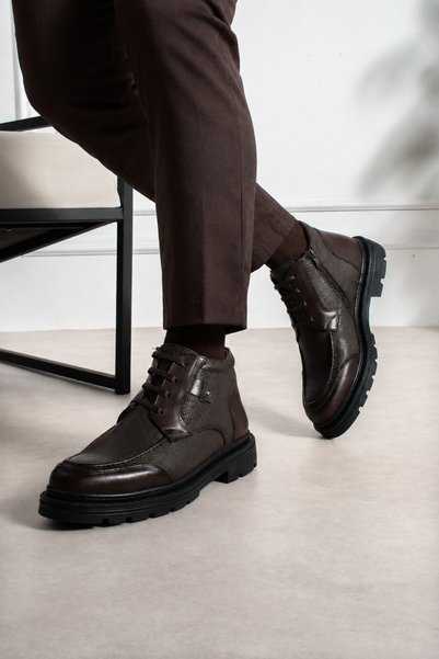 MEEGORA Men's Genuine Leather Brown Lace-Up and Zippered Winter Boots – Styli...