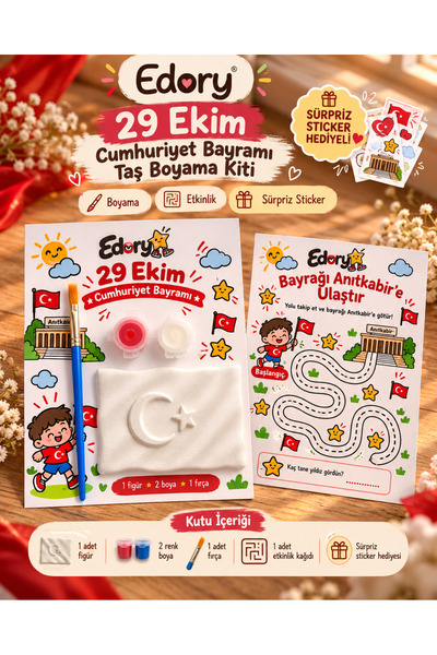 Edory 29 Ekim Cumhuriyet Bayramı Taş Boyama ve Etkinlik Seti – Türk Bayrağı, Labirent Aktivitesi, Sürpriz Sticker Hediyeli