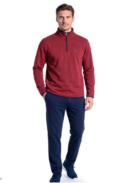 Pierre Cardin 6162 طقم بدلة رياضية للرجال بأكمام طويلة وسحاب ربعي - أحمر داكن