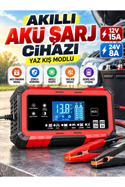 asua Akıllı Akü Şarj Cihazı Yaz Kış Modlu 24V 8A-12V 15A LCD Ekranlı Akü Şarj ve Onarım Cihazı