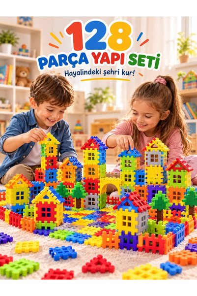 MİNİBLOX Puzzle City 3D Yapı Blokları - 128 Parça Eğitici Şehir Kurma ve Tasa...