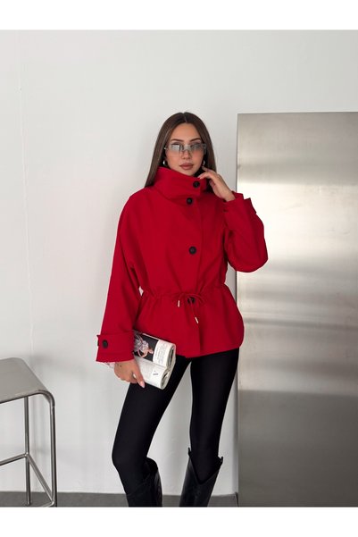 Bella Breeze معطف نسائي قصير موسمي بياقة عالية وخصر مطاطي وأزرار وأربطة