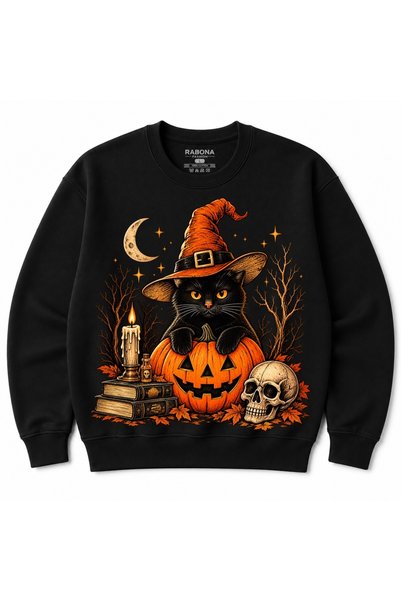 Rabona Fashion Black Cat with Witch Hat – Pumpkin and Halloween Sweatshirt