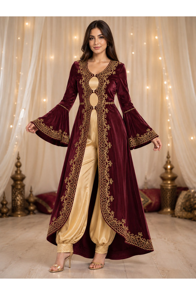 madame MODEST Kadın 3 Parça Janjanlı Tafta Kaftan Şalvar Takımı – Kına Gecesi...