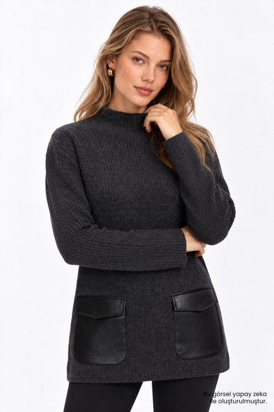 Exquise Leather Pocket Trim Regular Knitwear Blouse