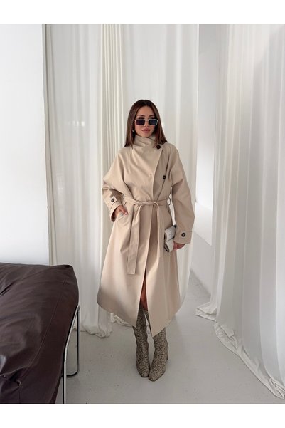 Bella Breeze معطف نسائي طويل موسمي كبير الحجم ذو ياقة عالية وحزام عند الخصر و...