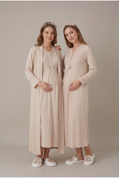 LOHOUSE Women's Beige Shawl Collar Lace Long Sleeve Maternity Nightgown Set w...