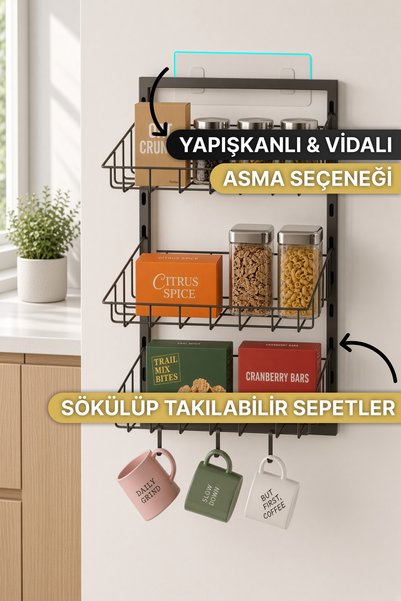 Bino Kahve Köşesi Rafı 3 Sepetli Metal Duvar Organizeri Yapışkanlı Vidalı Kupa Askılı Siyah Düzenleyici 3ADET HEDİYE KANCA