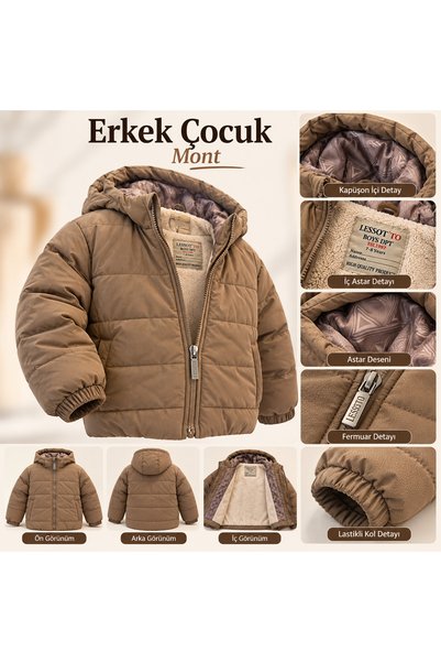 Happy Mini Kids Erkek Çocuk Kahverengi Kapüşonlu İçi Peluş Kürklü Şişme Mont ...