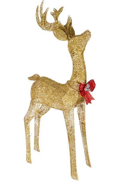 Herdekora Christmas Ornament Deer Metal Illuminated Glittery Red Bow Gold 110...