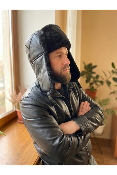 PIECE SIGNATURE Black Faux Leather Hunter and Motorcyclist Beanie with Plush ...