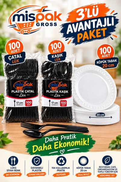Köpük tabak 20 cm 33/B (100 Adet) Plastik Kaşık (100 adet) Plastik Çatal (100 adet) Kullan At Tabak Kaşık Çatal Toplam 300 adet Ürün