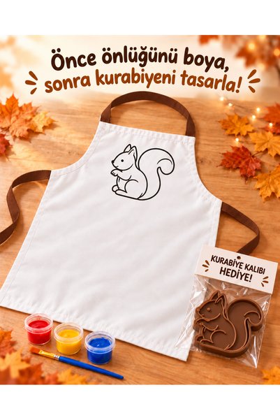 Sincap Desenli Çocuk Önlük Boyama Seti – Boya, Fırça ve Kurabiye Kalıbı Hediyeli