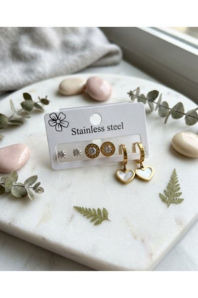 HOŞGÖR ACCESSORIES مجموعة من 6 أقراط من الفولاذ بتفاصيل على شكل قلب من الحجر ...