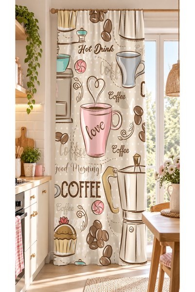 ALAMODECOR Coffee Yazılı Tek Kanat Mutfak Fon Perdesi