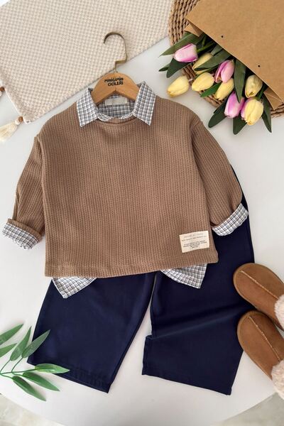 Minigimin Cicileri Plaid Shirt and Sweater Boys' 3-Piece Set - Brown