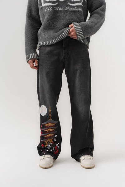 go gang own Zenblaze Double Side Embroidery Detailed Baggy Jean Men's Trousers